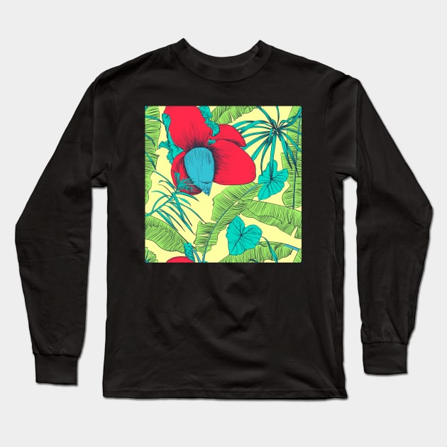 Seamless tropical pattern with banana palms Long Sleeve T-Shirt by Olga Berlet